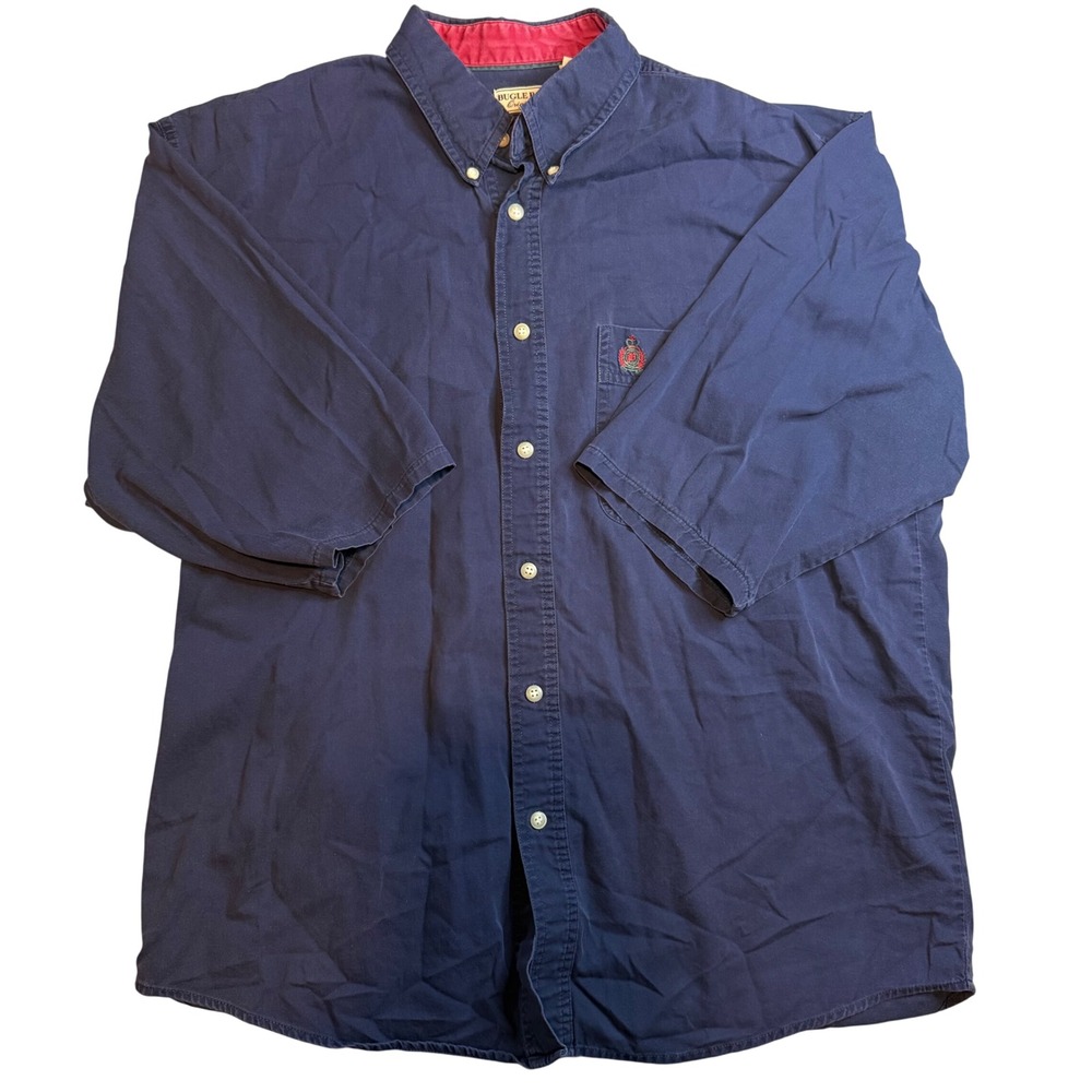 Bugle Boy Original Mens Large Navy Blue Cotton Short Sleeve Button up Shirt vtg